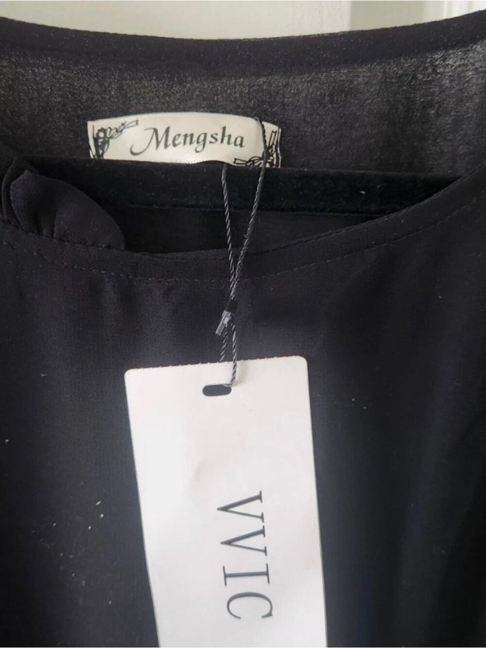 NWT Solid Chiffon Cap-Sleeve Belted Black Mid- length dress - Picture 4 of 7
